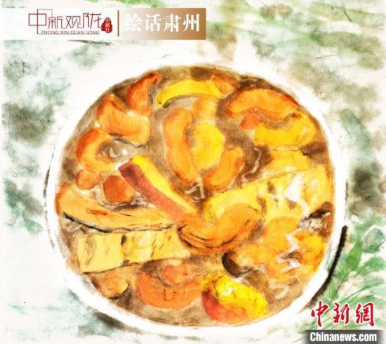 圖為酒泉美食“糊鍋”繪畫作品?！《排d彥 攝
